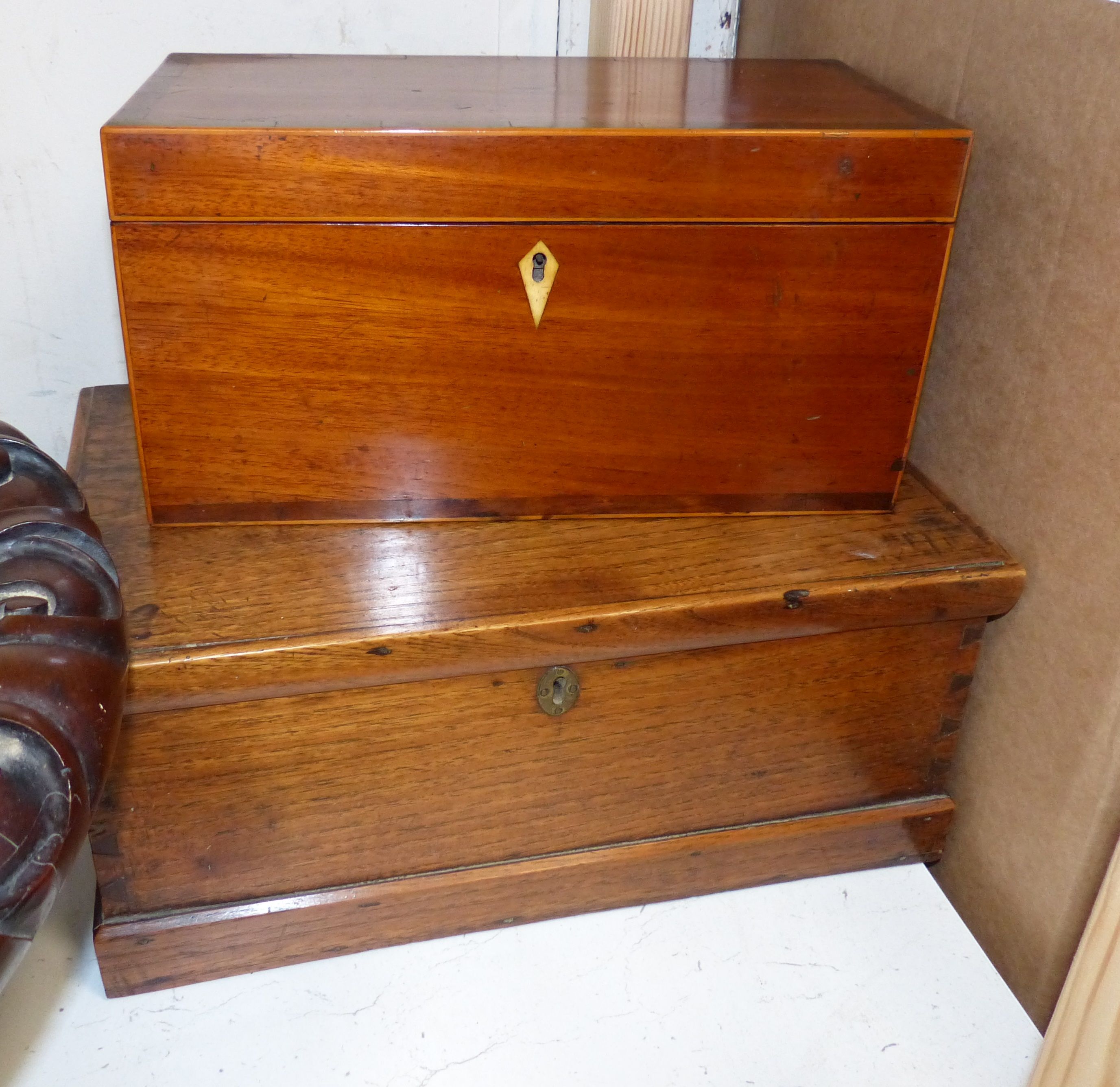 An early Victorian mahogany tea caddy and an oak box